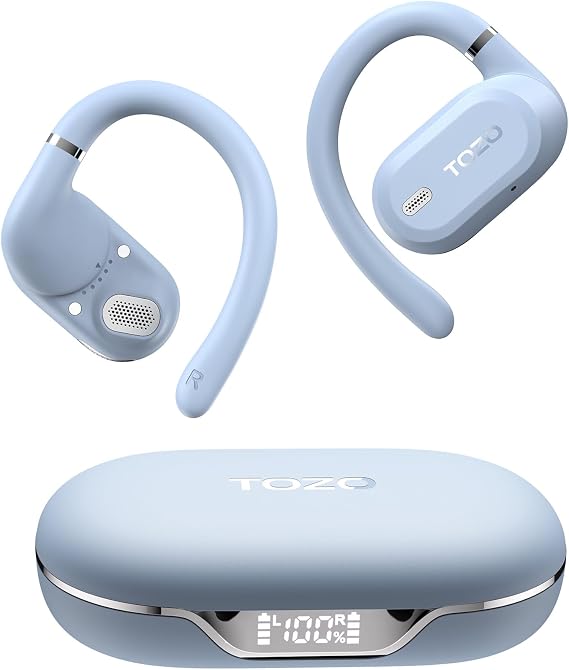TOZO OpenWear Open Ear Earbuds, AI Translation Real Time 145+ Languages | 60H Translator Ear Buds Audifonos Traductores Ingles Espanol, Comfort, Bluetooth Headphones 5.4 with Smart Display Blue