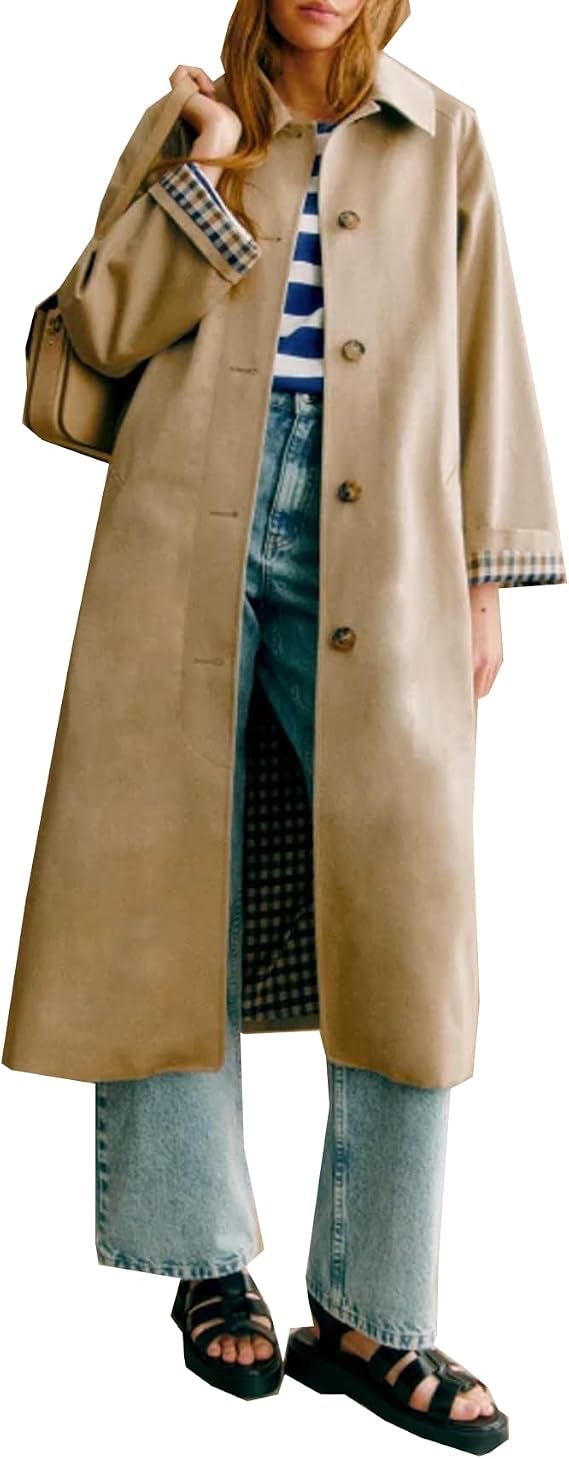 YEXPINE Women's Oversized Trench Coat Single Breasted Windproof Overcoat Classic Button Down Long Jacket