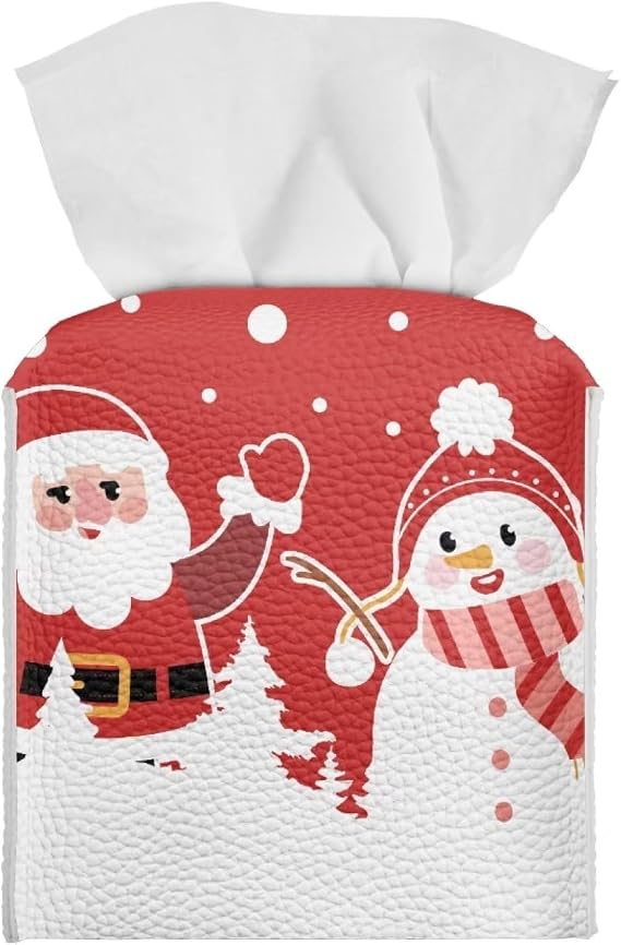 Cozeyat Christmas Tissue Box Cover PU Leather Napkin Holder Cute Santa Claus and Snowman Pattern Tissue Box Holder Organizer for Bathroom Living Room Christmas Decor