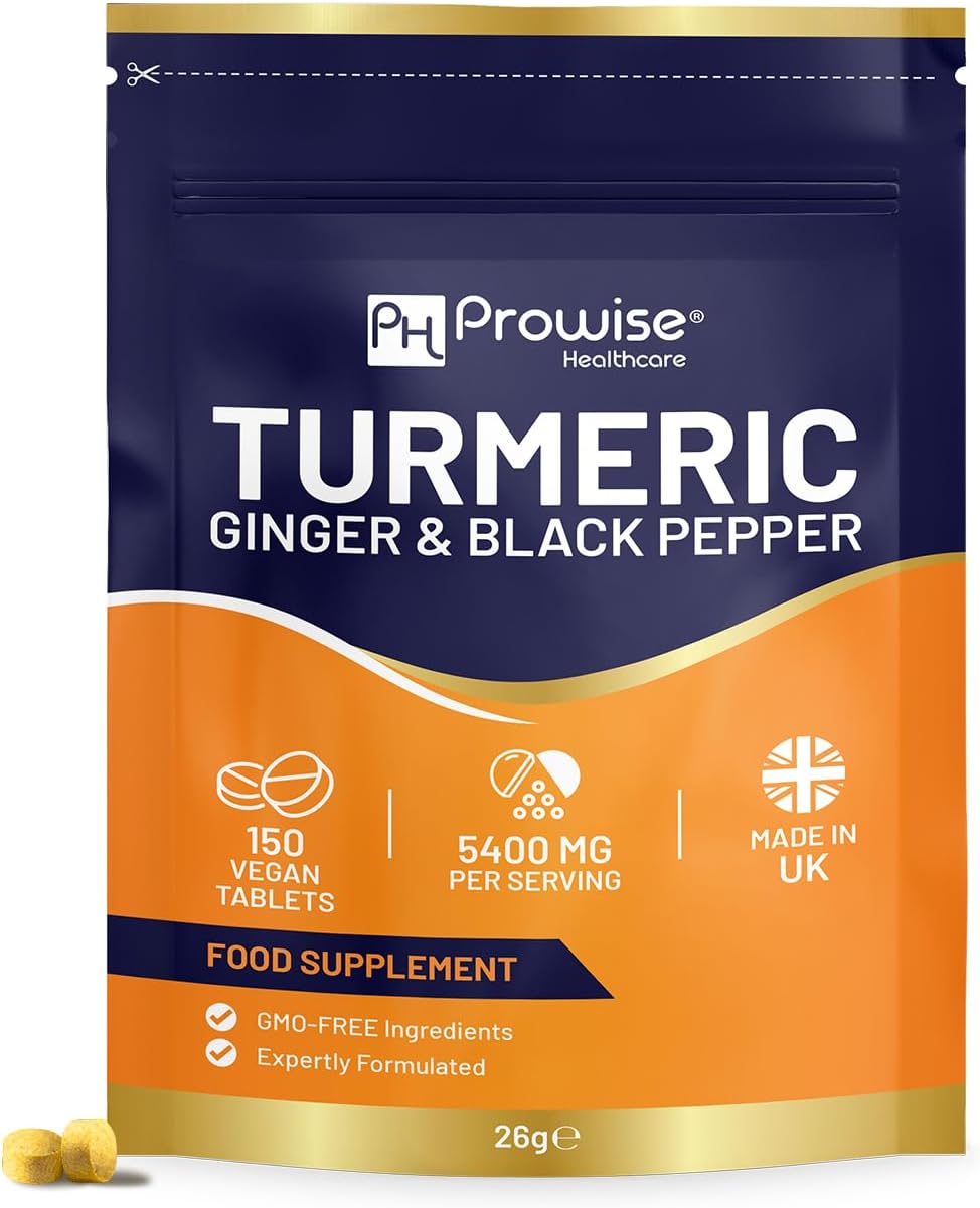 Turmeric Tablets 5400mg Black Pepper, Ginger Included - 95% Turmeric Curcumin Supplement | 150 Easy to Drink Tablets Not Capsules or Powders - Mailbox Safe - Made in the UK - Prowise