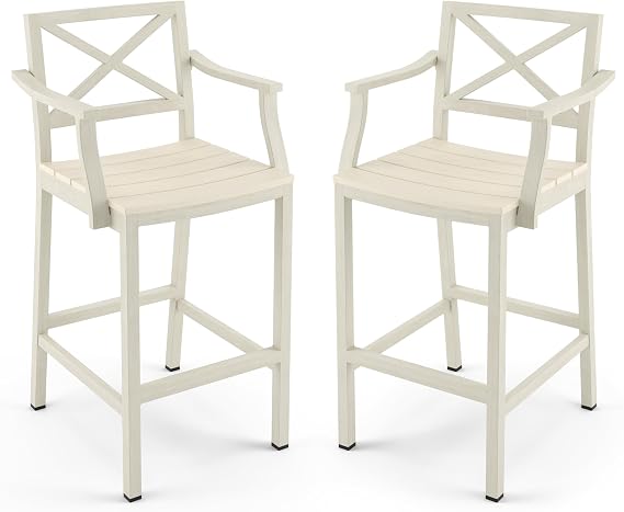 Cozyman Outdoor Bar Stools Set of 2, 26 Inch All Weather HDPS Patio Counter Height Barstools with Armrest & Footrest, Aluminum Bar Stool Chairs for Hot Tub, Balcony, Yard, Indoor Or Outdoor Use,Sand