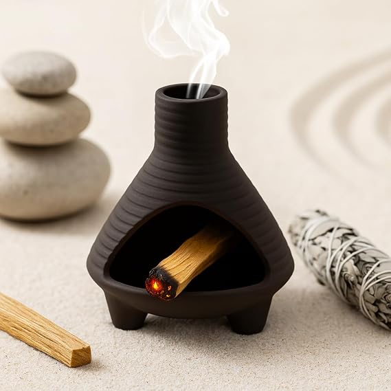 Mini Ceramic Chimenea Incense Burner for Wood, Palo Santo, Sage, and Cones – Handmade Clay Ash Catcher for Meditation, Yoga, Aromatherapy –