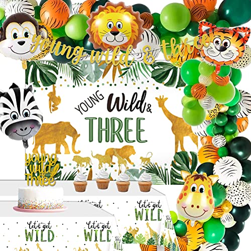 Young Wild And Three Decorations - Jungle Safari Theme 3rd Birthday Decorations for Boy Girl Include Backdrop, Balloons Arch, Banner, Tablecloth, Cake Topper, Young Wild And Three Party Supplies