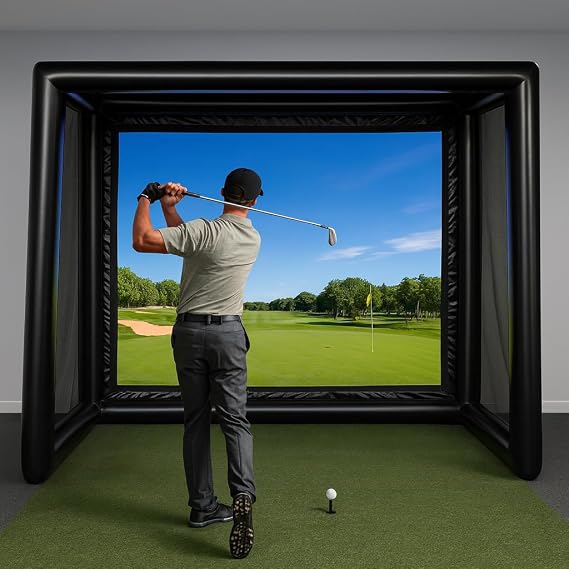 Inflatable Golf Simulator Enclosure 1.5x3.5x2.8m, Golf Practice Net with White Projection Screen, Portable Golf Cage with Air Pump for Indoor/Outdoor/Garage/Office Training