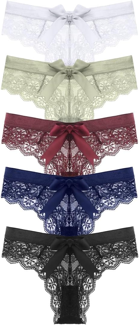 Lace Cheeky Underwear for Women Low Rise Lace Bikini Panties with Bowknot Seamless Hipster Panties 5 Pack