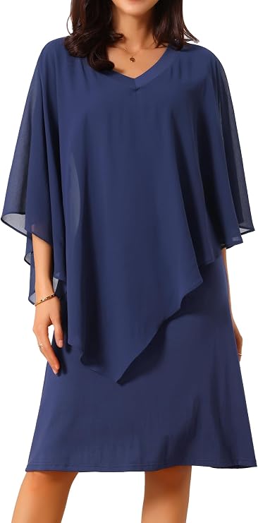 Seta T Women's Fall Dresses 3/4 Sleeve V Neck Chiffon Cape Overlay Knee Length Pencil Dress for Wedding Guest