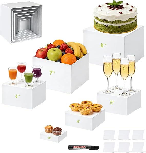 Buffet Risers 6 Pcs Food Display Risers w/Mini Signs & a Pen Acrylic Catering Dessert Jewelry Figures Show Collectibles Table Decor Display Stand 8x7x6x5x4x3 Inch White Cube Showcase Shelf Boxes