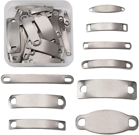 KISSITTY 45pcs/Box Stainless Steel Blank Stamping Tag Links for Laser Engraving 25~49mm Mixed Rectangle Metal Tag Charms Pendants with Two Holes