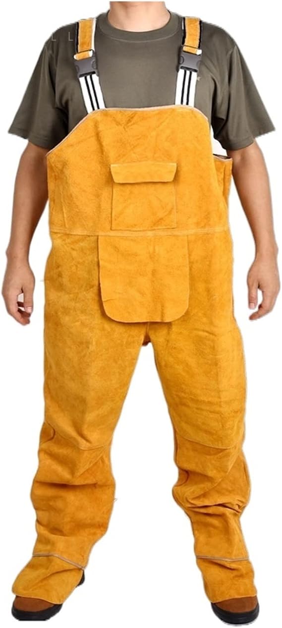 Welding Work Clothing, Welding Clothing Mens Bib Overalls Safety Coverall High Temperature Protective Leather Flame Retardant Repair Welder Strap Pants(Giallo,L)