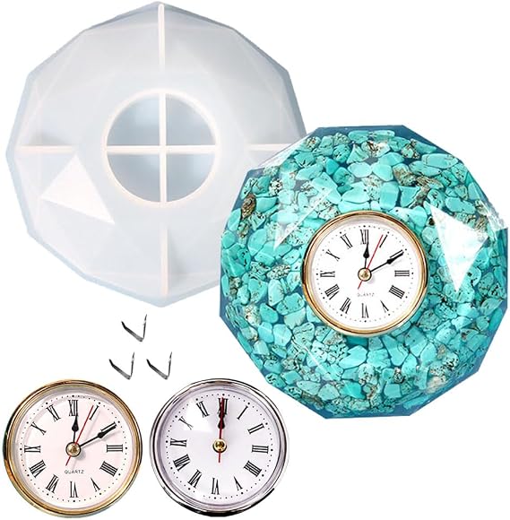 BIGEBO Table Clock Resin Mold Set, Polygon Tabletop Clock Silicone Mold with 2 PCS of Clocks Candle Holder Mold for Epoxy Resin Casting DIY Home Decor