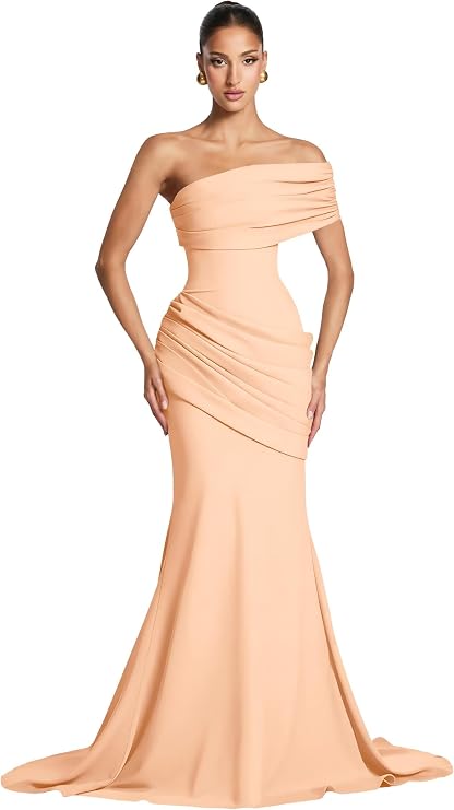 Satin One Shoulder Prom Dresses for Women Mermaid Corset Pleated Formal Evening Party Dress with Train