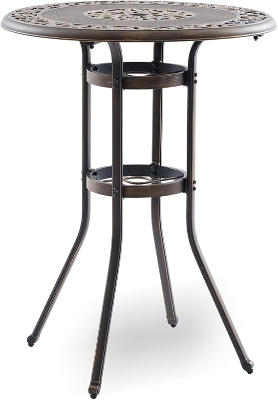 Outdoor Bar Height Table, 31.5" Round Cast Aluminum Patio Pub Table with Umbrella Hole, All-Weather Design for Deck/Garden/Poolside (Bronze)