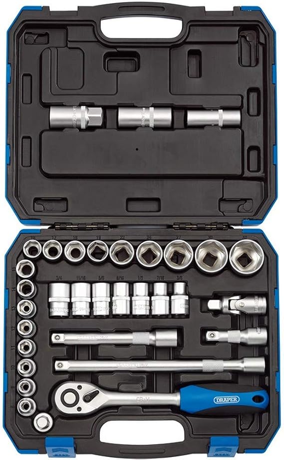 Draper 33 Piece Square Drive Combined 1/2-Inch Socket Set with Ratchet & Case - MM/AF - DIY Home Professional & Car Kit, Blue