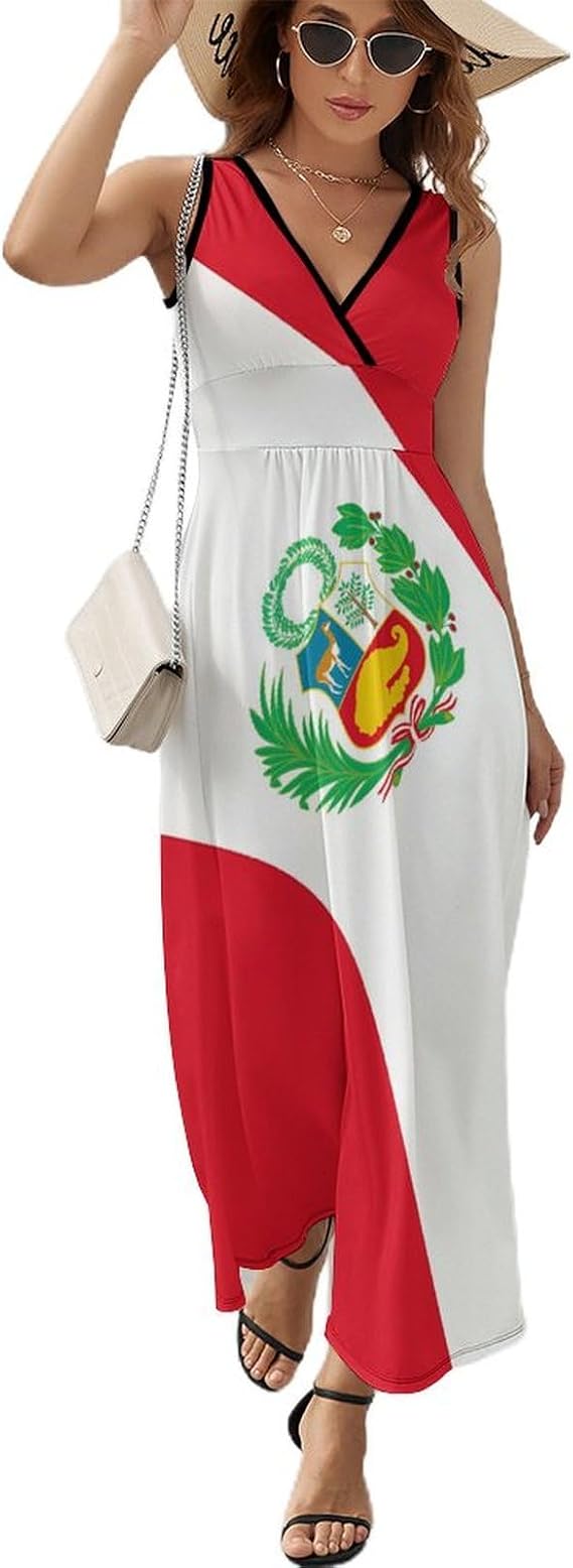 Peru Peruvian Flag Sleeveless Maxi Dress Summer Beach Wrap V Neck Sundresses Flare Tank Dresses M