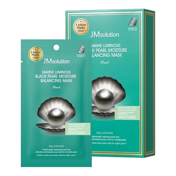 JMsolution Marine Luminous Black Pearl Sheet Mask (10 Sheets) | Korean Black Pearl Face Mask | Moisture Balancing Hydration | K-Beauty Skincare