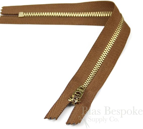Set of 12 Pants Zippers, 9", Gold Metal Teeth and Pony Brown Tape, Bias Bespoke Brand