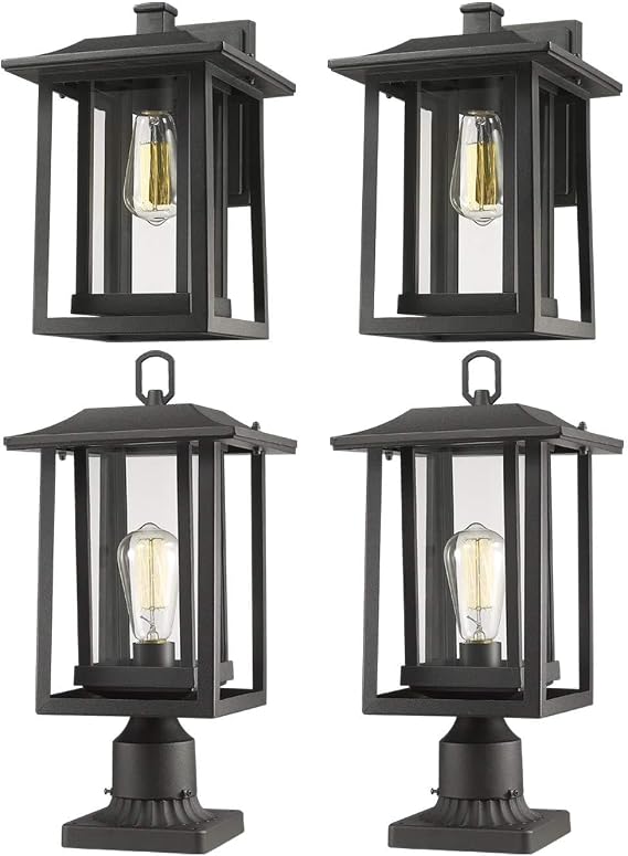 Beionxii Outdoor Post Light Exterior Wall Lantern Bundle Set, Sand Textured Black with Clear Glass - A197 Series