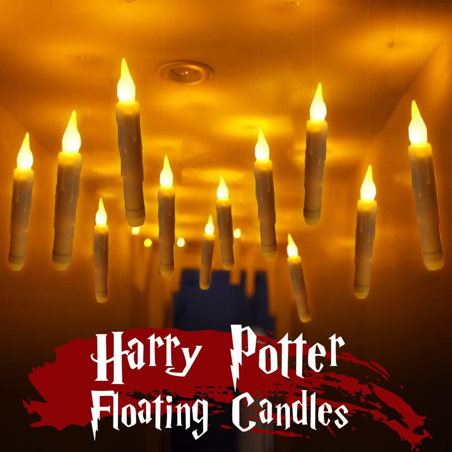 Christmas Decorations for Harry Potter 12 Pcs Xmas Hanging LED Floating Candles with Remote Control Taper Candles Christmas Decor for Party, Birthday, Wedding and Church Supplies
