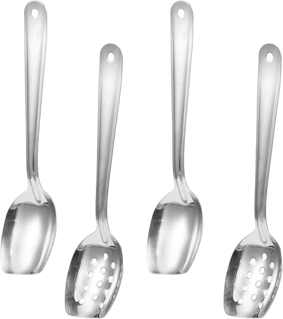 4 Pack Serving Spoons 10 Inch Stainless Steel, Flat Bottom Slotted