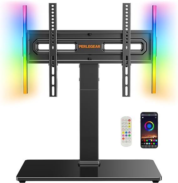 Perlegear ユニバーサル回転テレビスタンド LEDライト付き 30~70インチのテレビ用 高さ調節可能なテーブルトップテレビスタンド 傾斜付き 強化ガラスベース 耐荷重88ポンド 最大VESA 400x400mm PGTVS32B