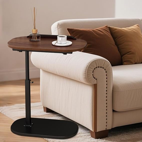 C Shaped Side Table, Height Adjustable C-Shaped End Table, 360° Swivel End Tables, Slide Under Couch Tables, Metal Frame, Small Snack Coffee Tray for Sofa, Bed, Bathtub, Living Room, Bedroom