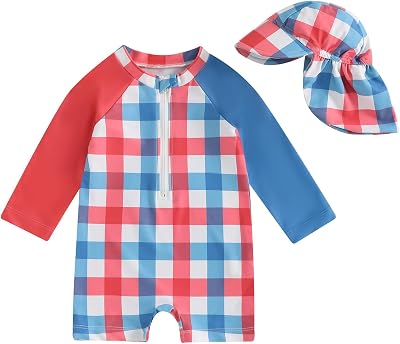 Toddler Boy 4th of July Swimsuit PopsicleStarPlaid Print Rashguard Sun Protection One Piece Zipper Bathing Suit