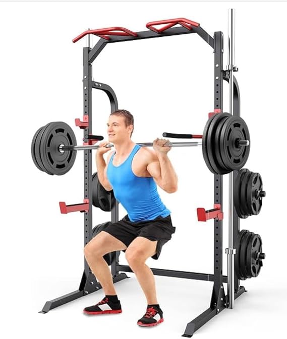 SunHome Power Cage Squat Rack, Power Rack with Pulley System, Adjustable Cable Crossover System, J-Hooks, Dip Handles, Weight Plate Storage