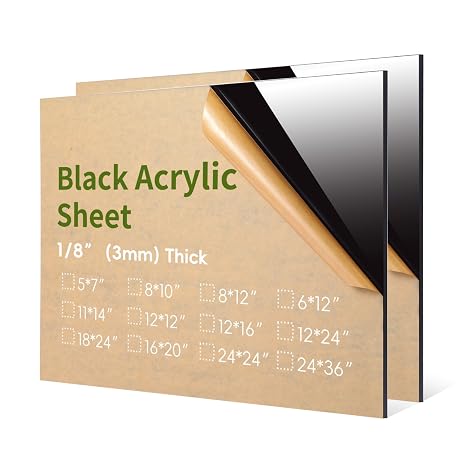 2 Pieces 16" x20", 1/8"(3mm) Thick Black Acrylic Sheet Cast Plexiglass Sheet Black Plastic Sheet, for Sign,Craft, Photo Frame, DIY Display Projects