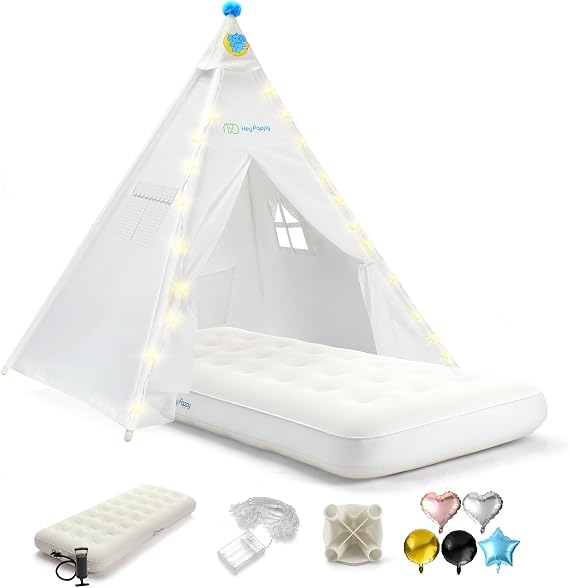 Teepee Tent for Kids with Inflatable Airbed, String Lights, Balloons, Pump, Washable Slumber Party Tent Indoor Outdoor for Girls Boys, Children Tipi Playhouse for Playtime and Sleepover, White | Children's Indoor Outdoor Washable Tent for Girls, Boys, Balls, Pump, Tent for Parties and Games