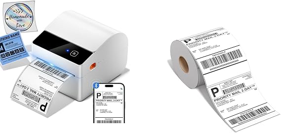 ASprink Bluetooth Shipping Label Printer 4x6&250Pcs 4x6 Roll Labels,2026 Upgraded Thermal Label Printer with Built-in Paper Bin, Thermal Printers for Small Business & Shipping Packages, Compatible wit