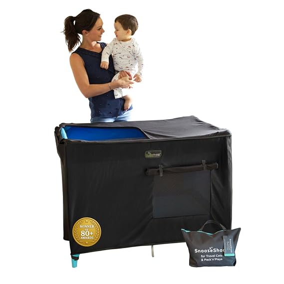 SnoozeShade Pack n Play & Travel Crib Blackout Cover | Blackout Crib Cover & Pack and Play Black Out Cover | Mom-Invented Safety Tested with Optimal Airflow | Blackout canopy blocks up to 94% of light for naps anywhere. Fits pack n plays, travel cribs and mini cribs. EziBreez mesh