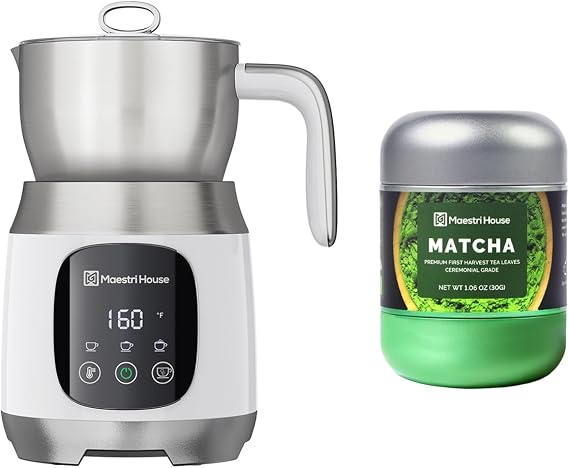 Maestri House Variable Temp and Froth Thickness DualFro 600 Milk Frother Steamer White+ Matcha Powder
