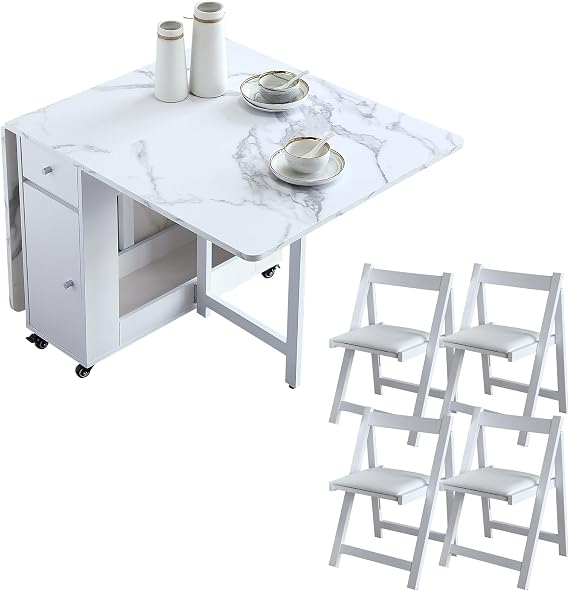 FUNROLUX Folding Dining Table For 4 People, Extendable Butterfly Table With 4 Chairs, Mobile With Drawers and Storage, Wooden Tabletop, White
