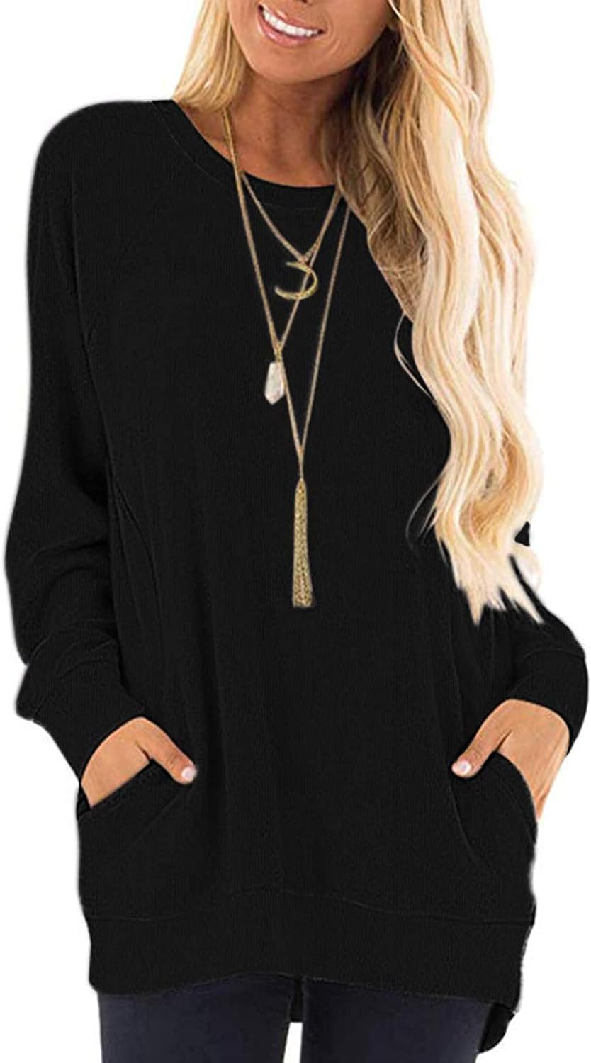 AUSELILY Womens Long Sleeve Tunic Tops Casual Loose Fit Sweatshirts Round Neck Pullover Blouse Sweatshirts with Pocket