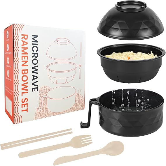 Microwave Ramen Cooker,Ramen Bowl Set,Microwave Noodle Bowl With Chopsticks and Spoon, College Dorm Room Essentials for Girls for Boys, Apartment Essentials, BPA-Free. (black) ...