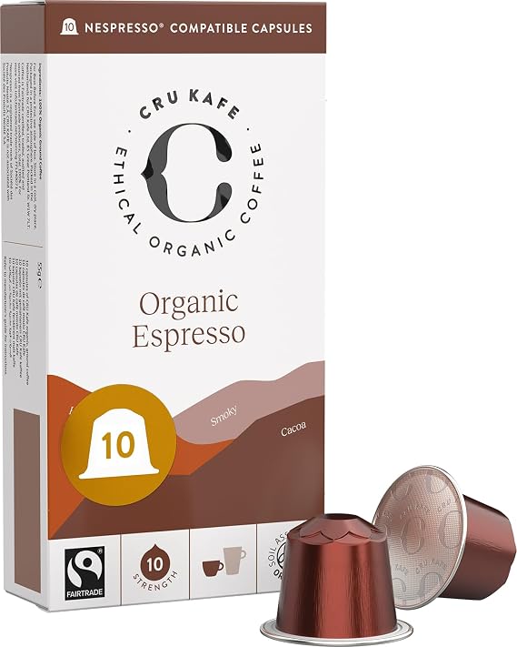 Cru Kafe Espresso Organic Coffee Pods Compatible with Nespresso Original Machines (10 Pods) Espresso Capsules, Strength 10 (Hazelnut, Smoky, Cacoa)