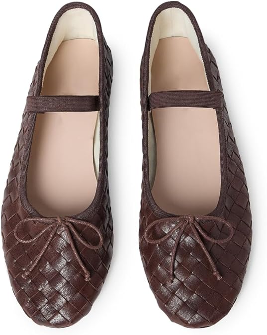 Womens Brown Woven Ballet Flats with Bow Round Toe Slip on Mary Jane Flats Ladies Fashion Elastic Strap Ballerina Shoes Size 8.5