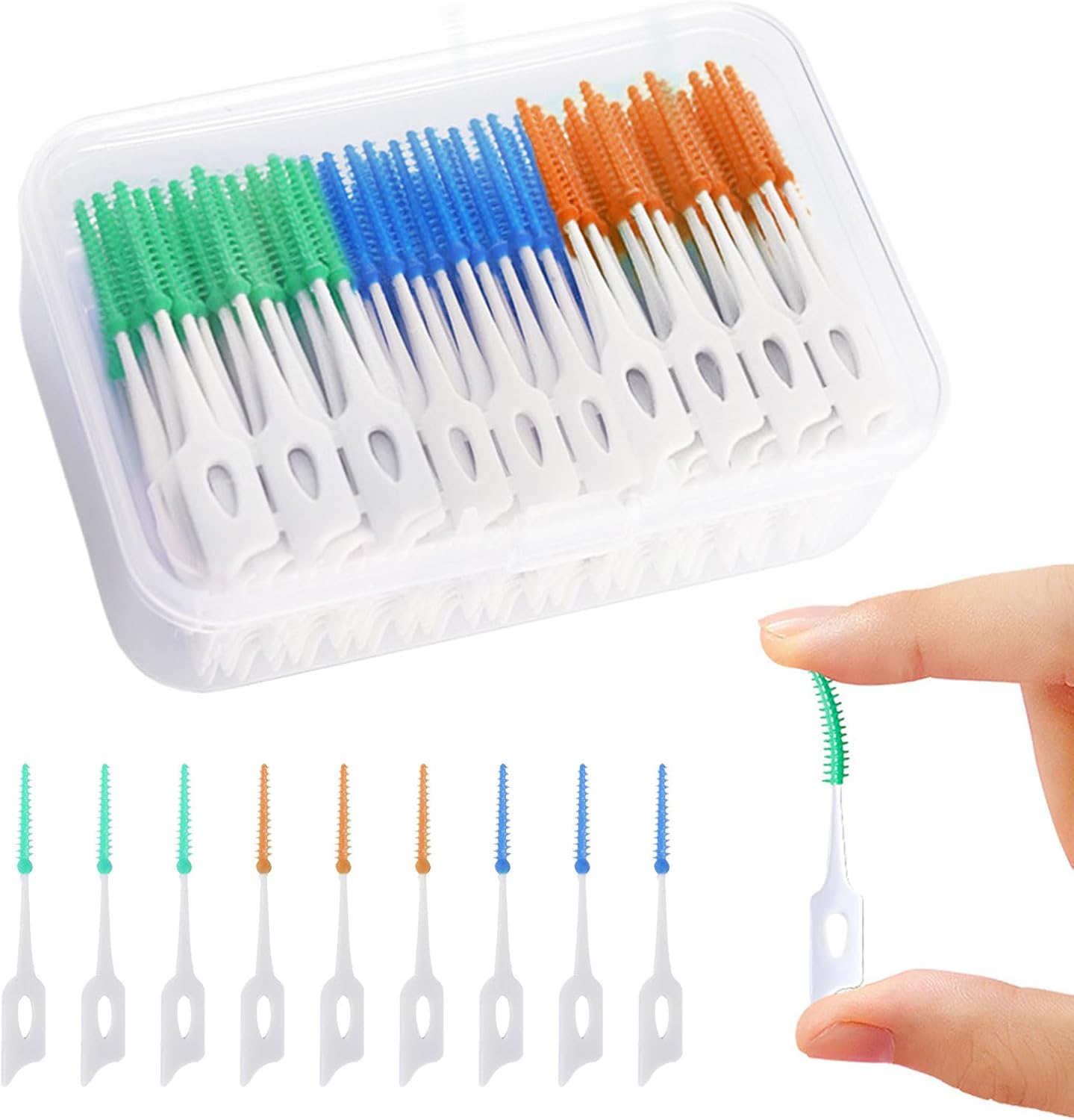 MIVAIUN 210 Pcs Silicone Interdental Brushes Dental Toothpicks,Silicone Floss Sticks Dental,Teeth Floss Sticks,Soft Gum Interdental Brush Toothpick Cleaning Tool for Oral Cleaning Blue Green Orange