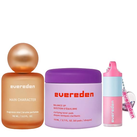 Evereden Toner Pads for Teens & Tweens 10-12 and Beyond, Pink Non Toxic Lip Gloss, Main Character Hair and Body Mist Set - Amplify Your Self-Expression - Clean, Vegan, Sensitive-Skin-Safe