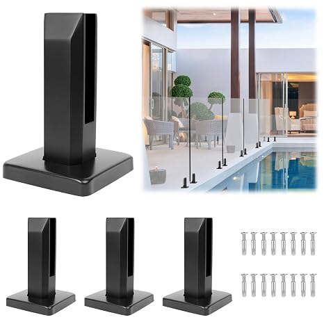 LukLoy 4 PACK 2.1lb T304 Stainless Steel Square Glass Railing Spigots Heavy Duty Frameless Clamp Bracket for Pool Fence, Deck Balusters, Balcony, Patio, Stairs Indoor and Outdoor, Black - LEVEL 2