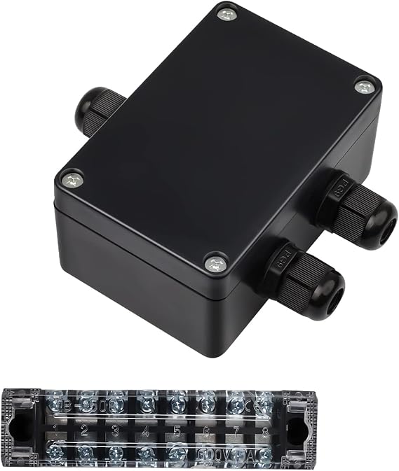 Junction Box Waterproof IP66 100 x 68 x 50 mm SRJQXH Feed-Through Terminal 8-Pin Terminal Strip Clamps Black Distribution Box Surface-Mounted 1 in 2 Out for 4-8 mm Cable Indoor and Outdoor Use
