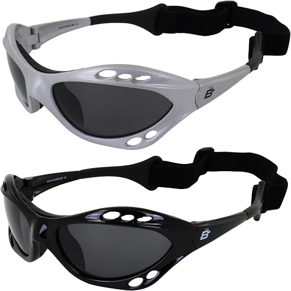 Eyewear Seahawk Polarized Sunglasses Jet Ski Goggles Sport Kite-Boarding, Surfing, Kayaking 2 Pairs Black Frame and Silver Frame with Smoke Lenses