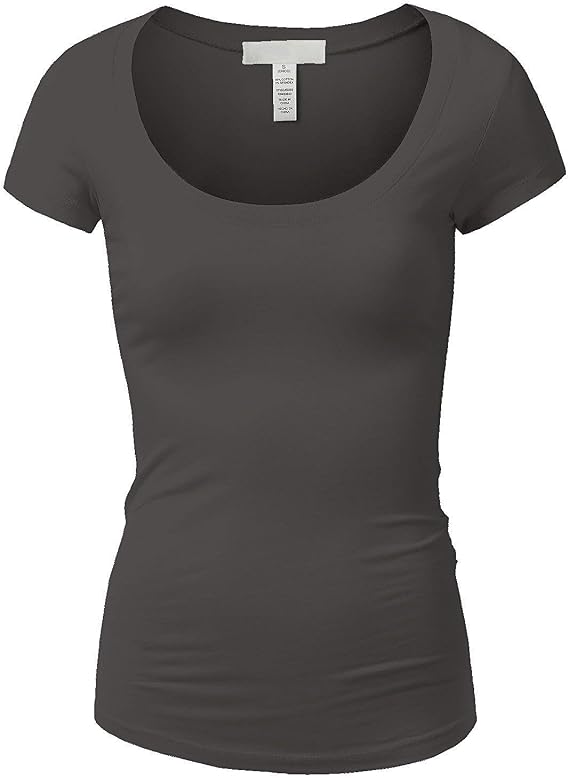 Active Basic Womens Plain Basic Deep Scoop Neck with Cap Short Sleeves - Charcoal - Large