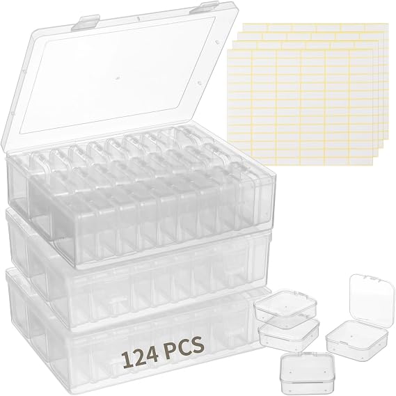 120Pcs Small Clear Plastic Bead Storage Containers, 4 Craft Storage Boxes with Hinged Lid, 336 Labels, Mini Box for Jewelry Making Bracelets Beading Nails Screws Seeds Small Parts