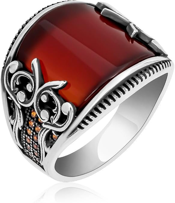 Agate Aqeeq Men Ring, Men Ring With Stone, Turkish Silver Ring For Men, 925 Silver Ring For Men, Aqeeq Ring, Red Stone Ring For Men