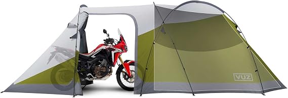 Moto VUZ-MT Waterproof 12-Foot 3-Person Camping Tent with Integrated Motorcycle Port, 4 Points of Entrance, Green and White