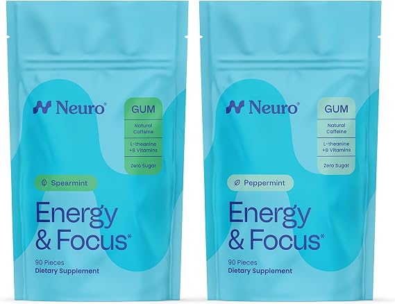 Neuro Energy & Focus Duo 90 Count Spearmint + 90 Count Peppermint Sugar Free Nootropic Chewing Gum with Natural Caffeine, L-Theanine & B-Vitamins for Alertness, Clarity & Mental Performance