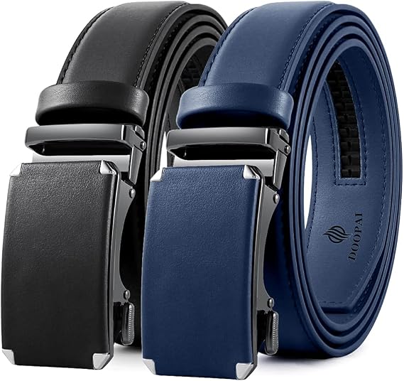 Men's 2 Pack Ratchet Dress Belt - Adjustable 1 3/8" Genuine Leather, Size Length Can Be Cut, With Gift Box
