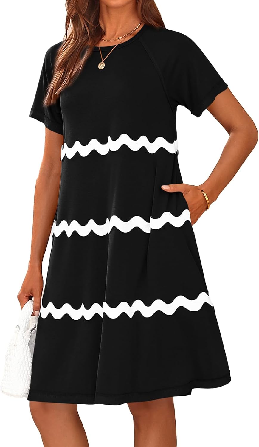 PRETTYGARDEN Womens Summer Casual T Shirt Dresses 2024 Short Sleeve Crew Neck Swing Dress with Pockets Short Dress Striped Black White, Large