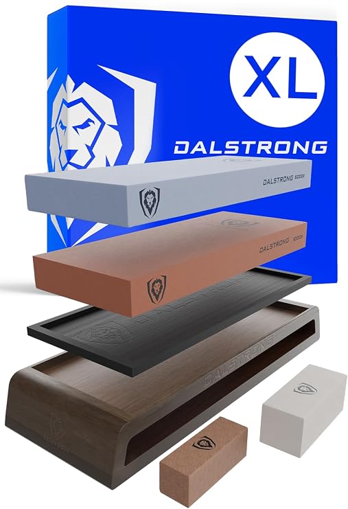 Dalstrong Whetstone Set #1000/#6000 XL Corundum Sharpening Stones For Restoring Dull Knives, Maintaining Any Kitchen Blade, Beginner to Pro Non-Slip Base, Angle Guide, Customer Support